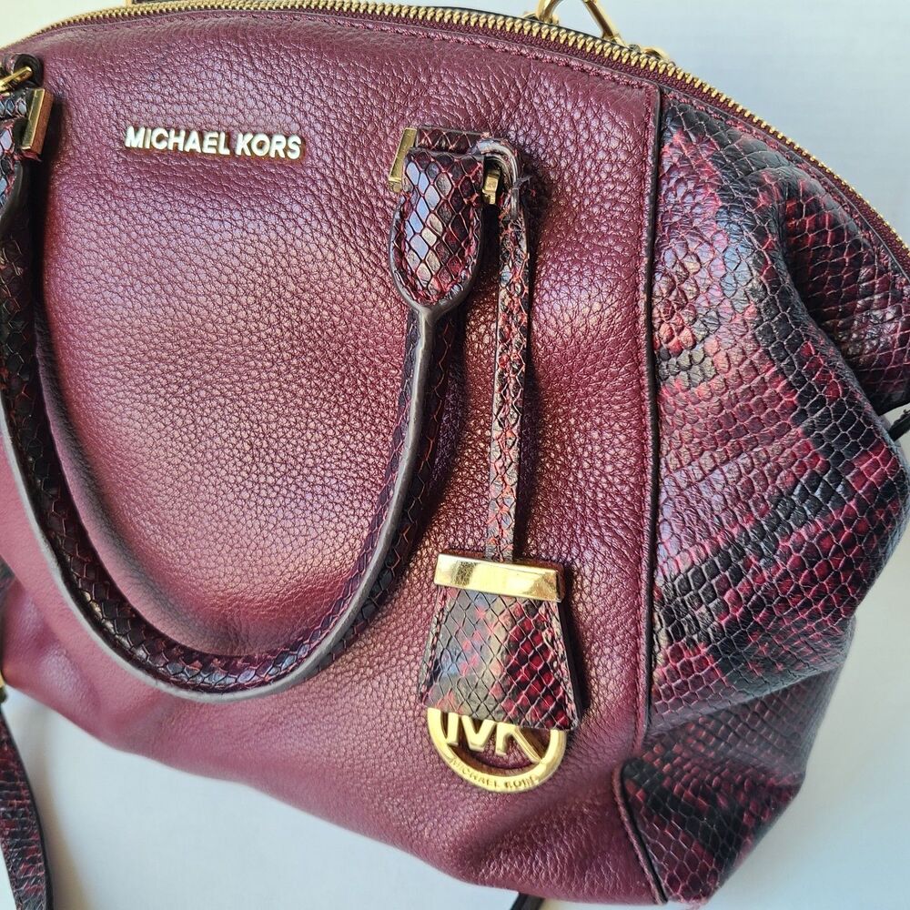 Michael Kors Burgundy Leather Python Embossed Satchel Shoulder Bag Purse Large - Picture 2 of 16